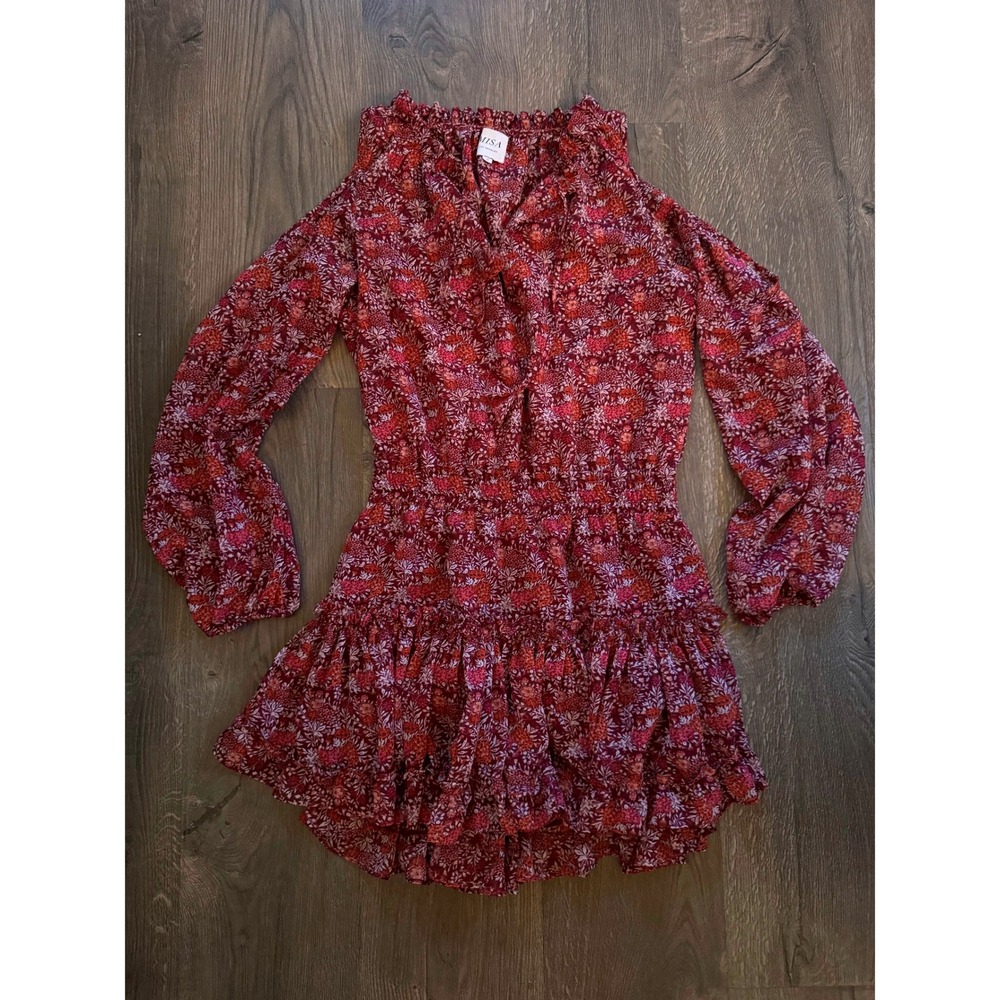 MISA Los Angeles Marion Mini Dress Size S Red Floral Smocked Ruffle Viscose